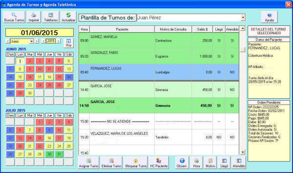 Agenda para la gestión de turnos en el consultorio o clínica médica.